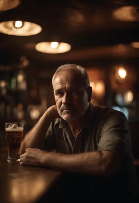 Portrait of a lonely 50-year-old man sitting at a bar counter