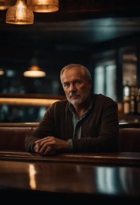 Portrait of a lonely 50-year-old man sitting at a bar counter