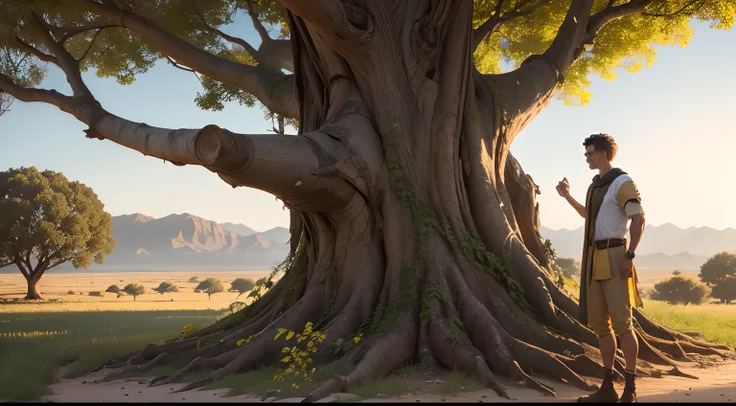 Desenhe uma imagem que capture a cena de Nikos (homem jovem) encontrando a antiga oliveira. Highlight the tree with its rough, twisted bark, telling the story of centuries of life. Convey the sense of wonder and inspiration that Nikos felt as he gazed at t...