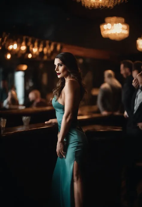 Photo of men watching an attractive woman dancing on stage in a dark, gloomy bar:1.2, usando um vestido preto colado ao corpo:1.3, ela possui cabelos pretos soltos:1.3