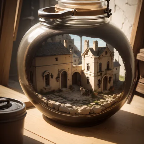 A little  cat with lid contains the Sassi of Matera. The jar is placed on the windowsill. Extremely detailed, 8K, apocalyptic punk style, miniatures, macro photography in close-up.