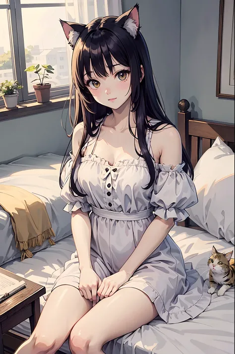 Anime girl in white dress sitting on bed with cat, cute anime catgirl, anime catgirl, beautiful anime catgirl, catgirl, White Cat Girl, Very Beautiful Anime Cat Girl, Nekomimi, soft anime illustration, very beautiful cute catgirl, at pixiv, Top Rated on pi...