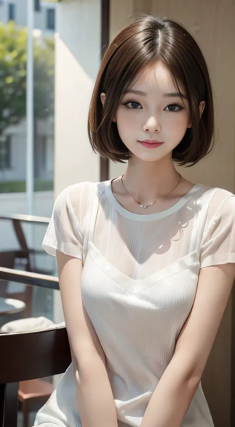 ​masterpiece、Top image quality:1.2、((beautiful young woman with))、Transparent skin:1.2、{A slight smil}、(kawaii)、Short sleeve knit、luxury hotel、depth of fields