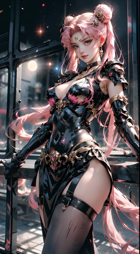 ((A pink-haired:1.5,Incredibly long pink twin tails, Thin and very long ultra straight pink twin tails)), Red Eyes: 1.5, Black tiara,Gothic punk costumes:1.3,dark queen,a black choker,Black thick gothic punk choker:1.2,masutepiece, full: 1.3, to stand, 8K,...