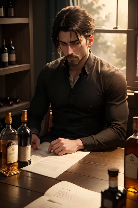 A dark room, a man sitting, whiskey bottles,