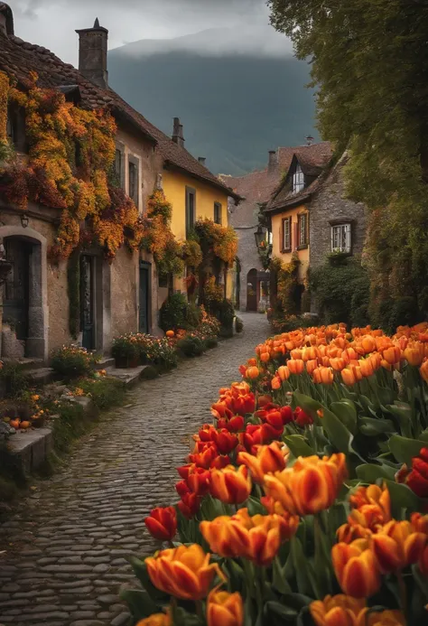 the quaint little town of Tulipe, surrounded by mountains, all different cobblestone houses tightly packed together,in the distance an old graveyard, the town is decorated for halloween