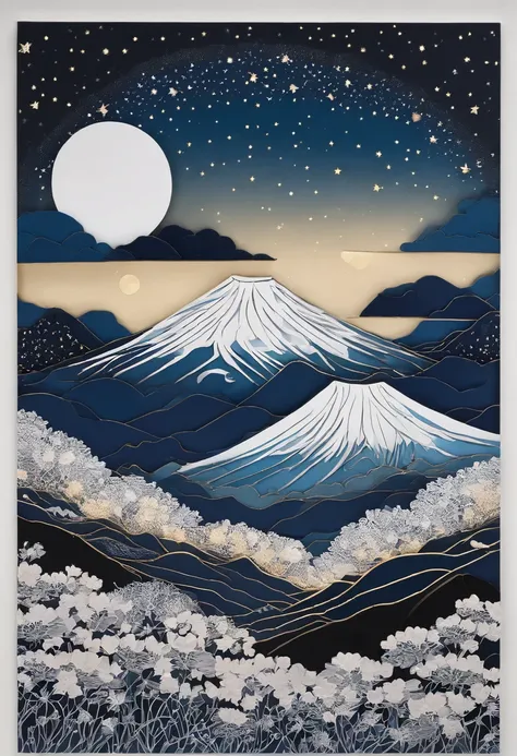 Mount Fuji standing tall against a clear, starry night sky, a blanket of stars twinkling overhead, the mountain illuminated by a crescent moon, evoking a feeling of awe and wonder, Painting, acrylic on canvas with a focus on celestial details