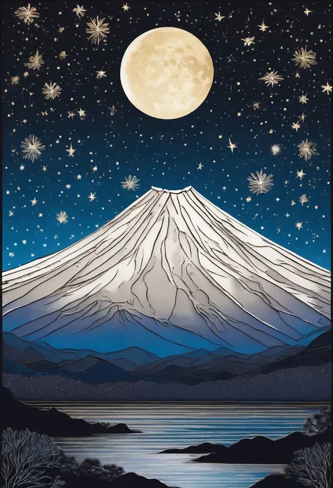 Mount Fuji standing tall against a clear, starry night sky, a blanket of stars twinkling overhead, the mountain illuminated by a crescent moon, evoking a feeling of awe and wonder, Painting, acrylic on canvas with a focus on celestial details