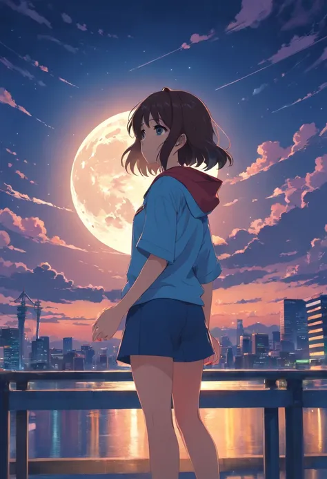 Huge full moon as a background，one-girl