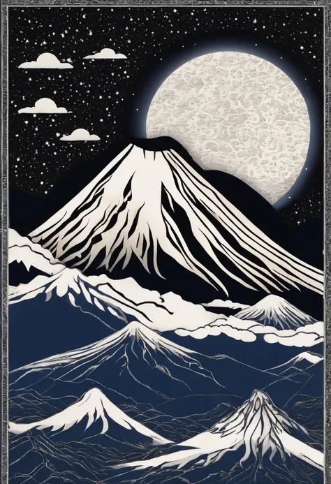 Mount Fuji standing tall against a clear, starry night sky, a blanket of stars twinkling overhead, the mountain illuminated by a crescent moon, evoking a feeling of awe and wonder, Painting, acrylic on canvas with a focus on celestial details