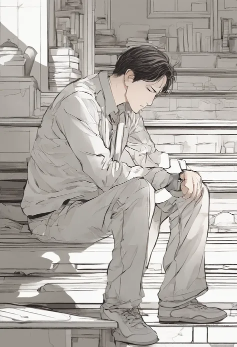 a beat up guy trying to get up from the floor, He has one hand on his face, exhausted, tired, his hands are on his hair, elegant white shirt, simple style, Comic art style, cold lighting, anime, short brown hair, Comic, top-quality、Top image quality、​maste...