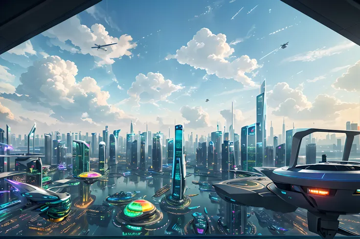 (futuristic city in the clouds, flying cars: 1.4), technologically advanced buildings, bustling streets, futuristic transportation systems, cloud-piercing skyscrapers, floating platforms, neon lights, holographic billboards, bustling markets, fancy vehicle...