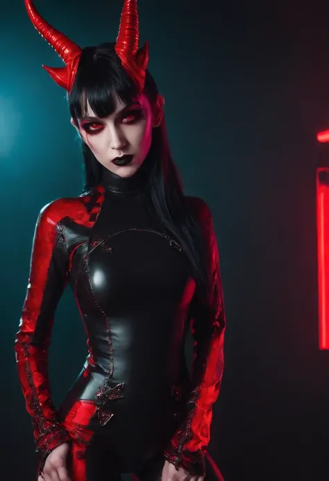 a demon woman with horns dressed in latex leotard posing for a photo, red neon behind her, goth asthetics, very beautiful goth top model, goth woman, dark goth queen, gothic horror vibes, goth girl, darksynth vibes, dark and intricate, gothic and futuristi...