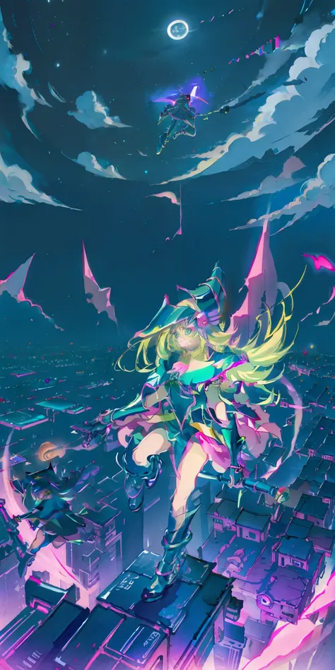 Mujer preciosa dark magician girl ( Neon cyberpunk ), Neon canta, Neon lighting, RTX dark magician girl lighting flying in the air. Encima de la ciudad a media noches. Luna llena. Cielos de estrellas. Dark magician girl volando