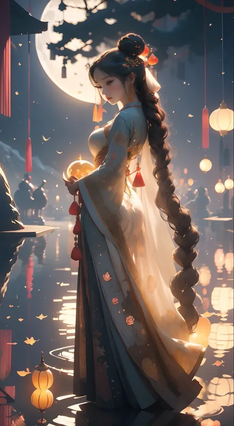 Change and rabbits moonlight Mid-Autumn Festival, Masterpiece:1.2, Ultra-detailed, Realistic:1.37, Night scene, Tranquil atmosphere, Vivid colors, glowing lanterns, Mooncake feast, Traditional clothing, Elegant Change, Delicate facial features, floating dr...