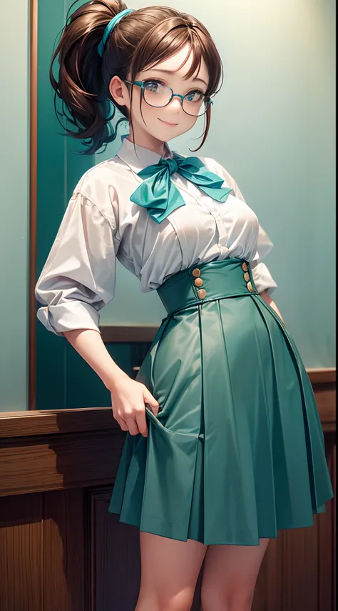 1womanl,12year old,Brown hair,Beautiful ponytail hairstyle, (Teal High Waist Skirt:1.3),, (whiteshirt:1.3), (double-breasted,Underbust:1.2), Short sleeves, buttonGap,A smile,small tits,Frameless glasses,