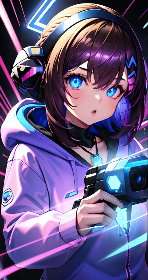 image of the head of a girl with a blue and pink laser-visor over her eyes, looking at viewer, dark brown hair fading to pink, skeleton hoodie, shining halo, necklece with blue cristal, pink marks on the skeleton hoodie, cyber skeleton, glitchpunk, laserta...