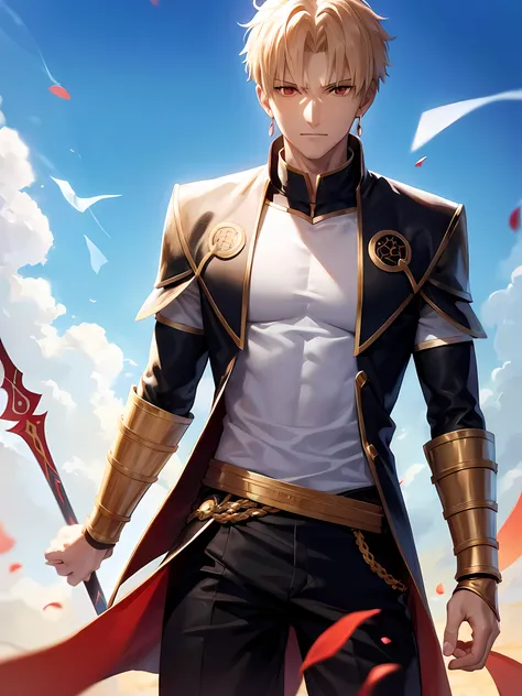 Gilgamesh, (Fate/Zero and Fate/stay night), white shirt, black jacket, upper body,  blonde hair, looking at viewer, 1boy, red eyes, smiling, floating hair, (clear blue sky background), short hair,  right hand on waist, 8K, anime cool guy style, solo, close...