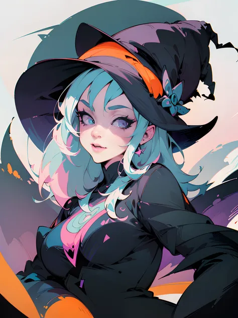 High quality design vector pastelvectorai style image, t-shirt print style, graphic art white background of a Halloween style witch, bright and realistic colors, old style witch with a pointy hat, nose with a wart and a black cat at her side, fantasy style...