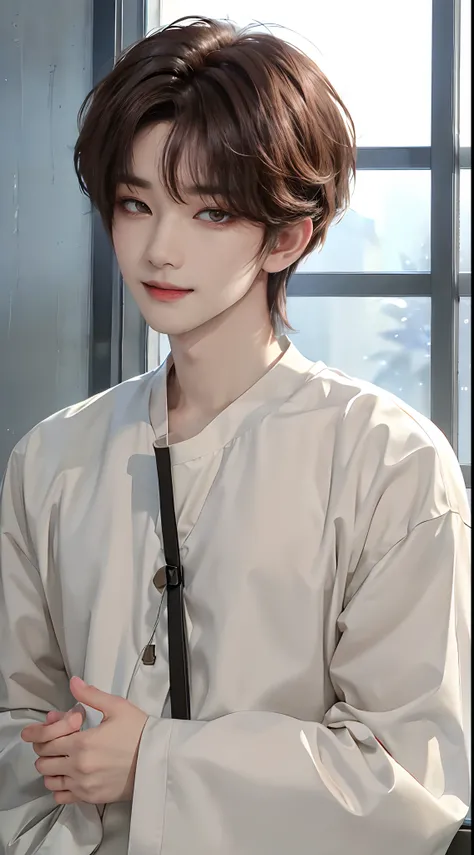 ((4K works))、​masterpiece、（top-quality)、((high-level image quality))、((One Manly Boy))、Slim body、((Black street fashion))、(Detailed beautiful eyes)、window、Face similar to Chaewon in Ruseraphim、((short hair above the ears))、((Smaller face))、((Neutral face))...