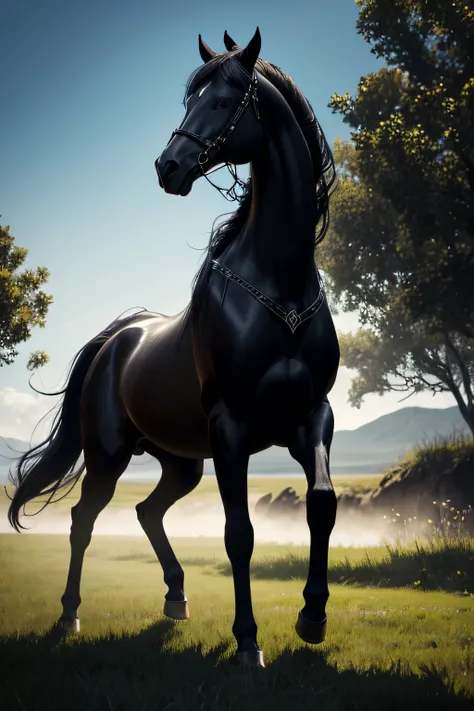 black horse rearing up on its hind legs, best quality,4k,highres,masterpiece:1.2,ultra-detailed,realistic, Kelpie, majestic presence,natural environment,serene atmosphere, ethereal lighting,graceful movement, fantastical creature,mesmerizing beauty,powerfu...