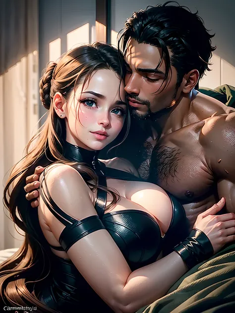 best quality,ultra-detailed,realistic,portraits,romantic snuggle,Cammy,black strong man,fall in love,cuddle,protect,romantic poses,affectionate,loving,embrace,passionate,strong bond,tender moments,genuine connection,blissful,comfortable,trust,romantic atmo...