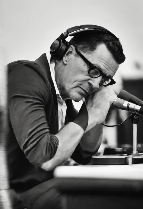 a man in headphones sitting in front of a microphone, sitting in front of a microphone, cory, giga chad crying, taken in the early 2020s, luke evans, liam brazier and nielly, solid background, taken in the late 2010s, giga chad, amazing background, absolut...