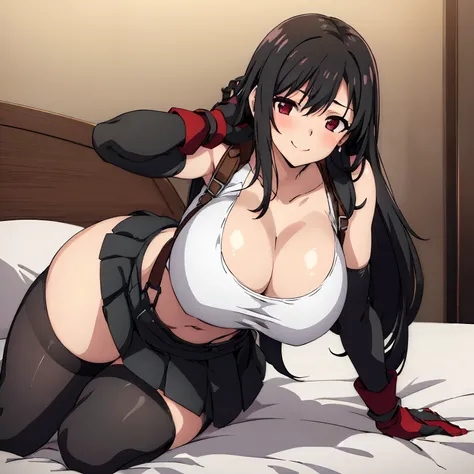 (((busty, huge_breasts))),tifa ff7, 1girl, solo, looking at viewer, blush, sitting, on bed, wariza, seductive smile, tank top, black skirt, suspender skirt, midriff, black thighhighs, red gloves, bra, zettai ryouiki, bent over, head tilt, bedroom eyes