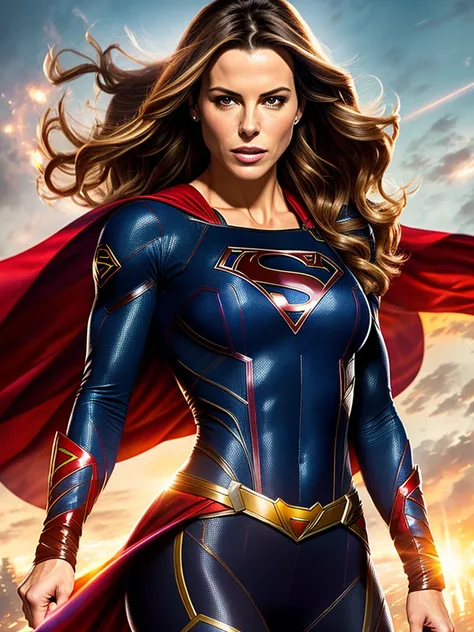 "Kate Beckinsale as Supergirl, wearing a Supergirl costume with sexy physique, rosto jovem, intrincado traje da Supergirl, cabelo longo rabo de cavalo, showing your strength and determination as you walk. Ultra high definition and resolution, capture every...