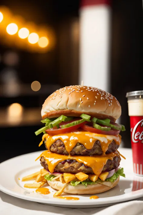 realistic epic Food photography of a cheesy burger meal, with a shallow depth of field, elegant plating, and dim and fantasy lighting ,background of a modern art cafe, the smell permeated in the air, portrait photo, 4k, close up shot, shot on dslr camera, ...