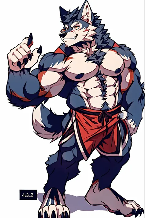 Human-wolf,musculous,Hairy all over,clawed paws,erect through