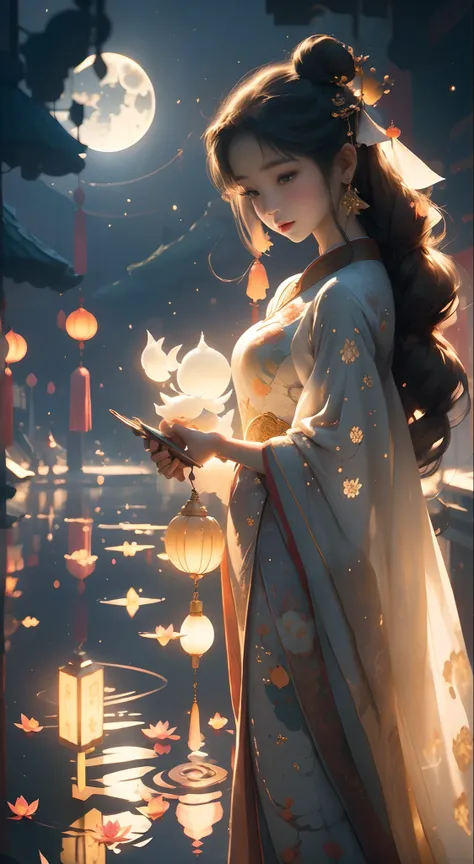 Change and the rabbits moonlight Mid-Autumn Festival, Masterpiece:1.2, Ultra-detailed, Realistic:1.37, Night scene, Tranquil atmosphere, Vivid colors, glowing lanterns, Mooncake feast, Traditional clothing, Elegant Change, Delicate facial features, floatin...