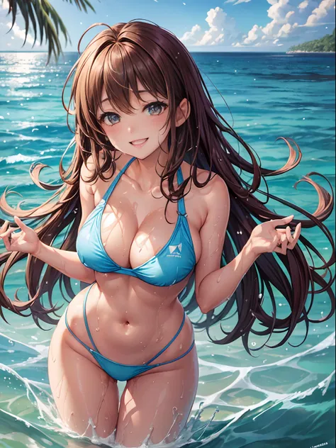 top-quality、Full limbs、complete fingers、One beautiful woman、Beautiful Large Breasts、straight haired、Brown-haired hair、Light blue competitive swimsuit、The bikini、A big smile、Resorts、Maldives、Light blue water surface、sexypose、Open crotch、Wet texture、Water sp...