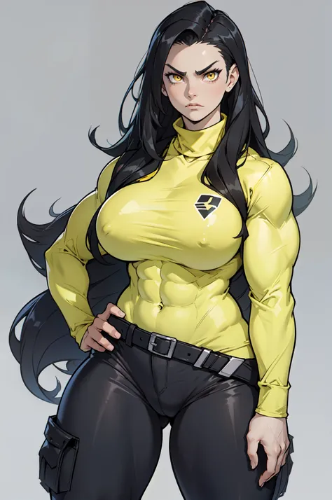 ((grey background)), solo, ((((1 girl)))), very long hair, black hair, angry, yellow eyes, (((((muscular))))), (huge tits), (thick thighs), (wide hips), pale skin, standing, slick hair, turtle neck sweatshirt long sleeves tight pants