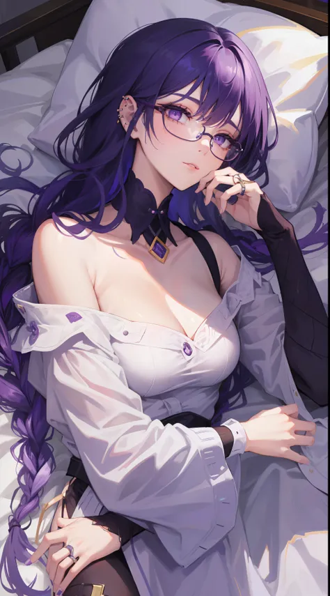 femele、purple haired(Long)、purple eyes、Black-rimmed glasses、Ring piercing on the earlobe、Lying in bed、languid look