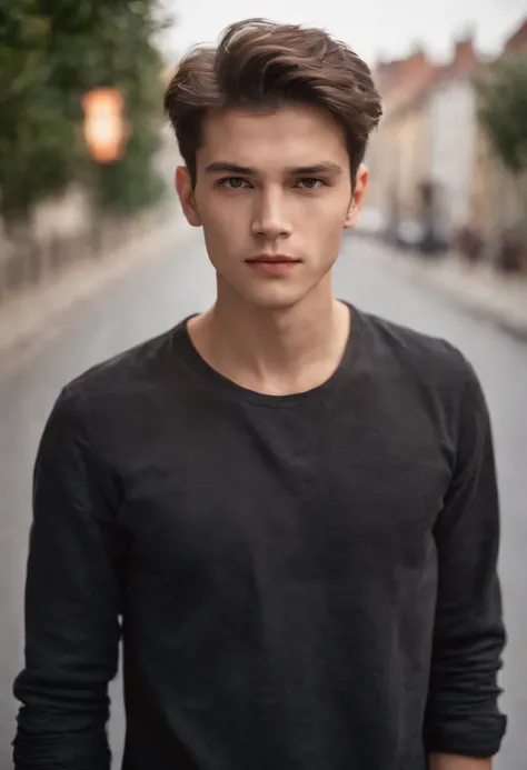 20 year old boy, black full sleves shirt,silky light messy hairs style, square face shape, light beard, looking at camera, walking on empty road, straight possing, perfect lighting, deep shadow, best quality, masterpiece, ultra highres, photorealistic