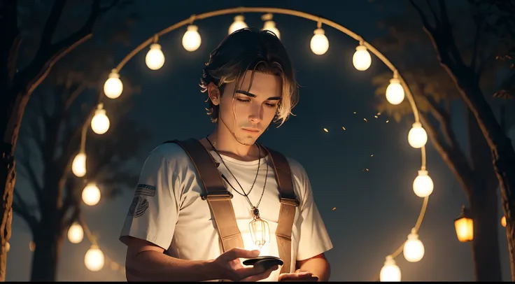 Capture a cena de Nikos (homem jovem) Sharing your lessons by the light of a torch. Crie uma imagem que transmita a serenidade do momento, with Nikos lit by the torch flame while speaking with compassion and wisdom. Highlight the connection between Nikos a...