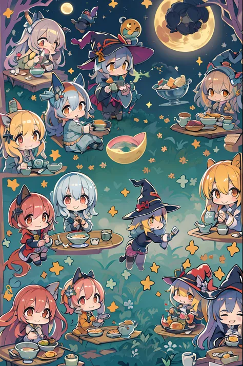 masutepiece, Best Quality, Chibi, Wizard Tea Party, the witch, beautiful witch, Happy, Vibrant, Colorful,(((Big Full Moon)))、Under the full moon