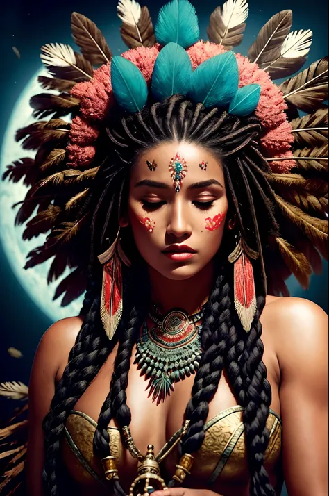 (full portrait), (half shot), solo, detailed background, detailed face, (stonepunkAI, stone theme:1.1), wise, (female), (native american), (beautiful hair, braids:0.2), shaman, septum piercing, mystical, (gorgeous face), stunning, head tilted upwards, (eye...