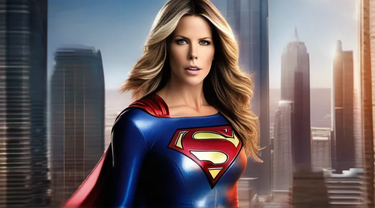 "Kate Beckinsale as Supergirl, wearing a Supergirl costume with sexy physique, rosto jovem, intrincado traje da Supergirl, cabelo longo rabo de cavalo, showing your strength and determination as you walk. Ultra high definition and resolution, capture every...