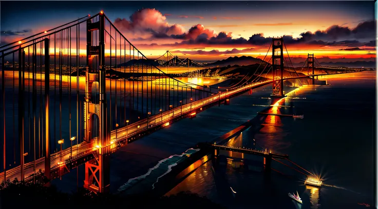 the golden gate bridge at sunset, bathed in warm, golden light, the city skyline in the background, sailboats gliding beneath it...