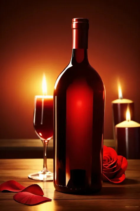 “Generate an image of a wine bottle with a reddish atmosphere, reminiscent of love and passion. The wine bottle should be elegantly shaped, with a deep red glass, and a label that exudes romance. The bottle should be partially filled with a rich, crimson-c...