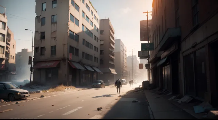 super fine photo, landscape picture, Unreal Engine 5 8K UHD, ultra high resolution, game cinematic, zombie apocalypse, post-apocalypse environment, zombie walking on the street, abandoned city, morning background, best quality, masterpiece, 8K UHD wallpape...