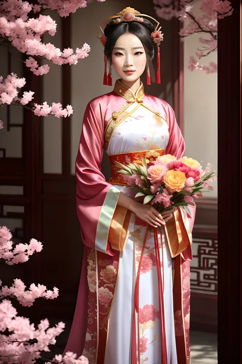 araffe woman in a traditional chinese dress holding a bouquet of flowers, palace ， a girl in hanfu, ancient chinese princess, chinese princess, a beautiful fantasy empress, beautiful render of tang dynasty, chinese style, ancient asian dynasty princess, an...