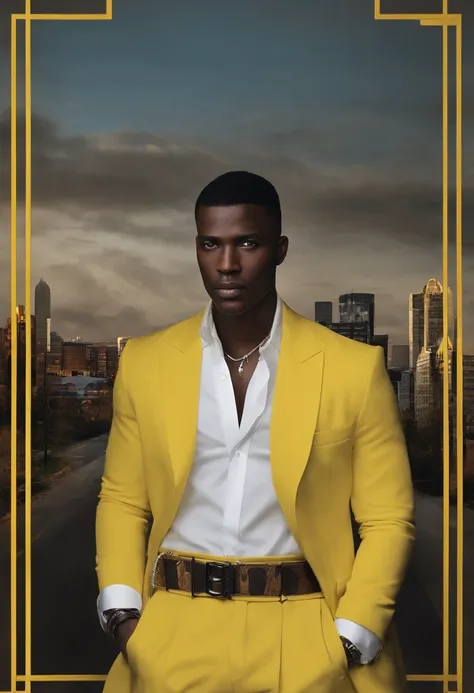 African American man with pale blue eyes and short black hair, Although about a quarter of it is white in front of his left, He wears a short red overcoat with black pockets over a black long-sleeved bright yellow shirt . And his pants are black with chain...