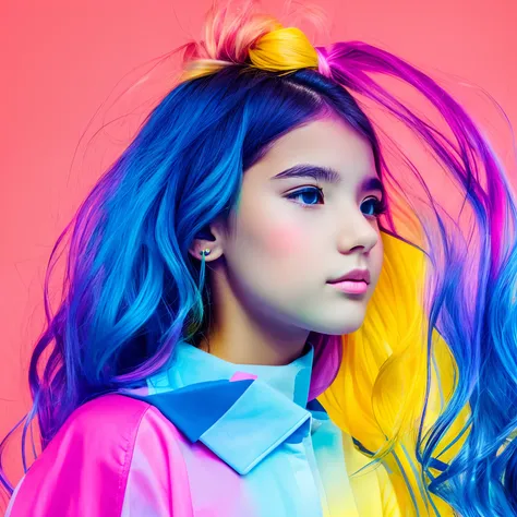 A realistic girl, wearing clothes shades of blue, pink, yellow in instagram style