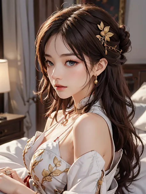 (Chinese Bride), (Wearing a pretty red Chinese wedding dress.), (Conservative Wedding Dresses: 1.4), ((Half lying in bed......)), (Chinoiseriety composition: 1.4), (Shy, tender, Exquisite Face, Fair-skinned, Vibrant Eyes, Beautiful eyebrows, Happiness and ...