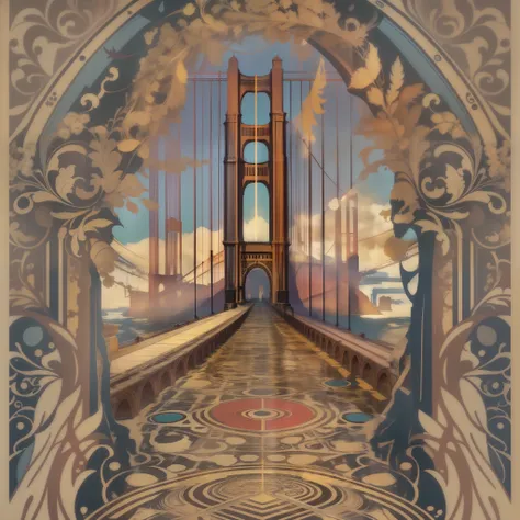 golden gate gaze, art nouveau, digital illustration, color theory, expressionism, t-shirt vector, center composition graphic des...