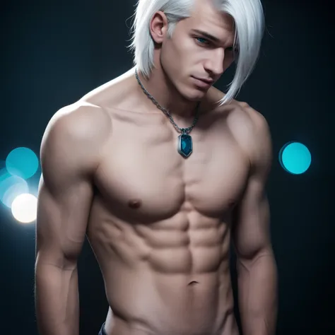 Teen male posing, (skinny body), atmospheric, cute masculine square face, white hair, dead inside, chainlet, bottomless, bokeh, background blur, chromatic aberration, big dick, long tongue