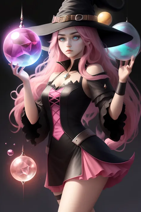 Pink hair，teens girl，quadratic element，Witch hat，crystal sphere，cat ear，long whitr hair，Glazed eyes